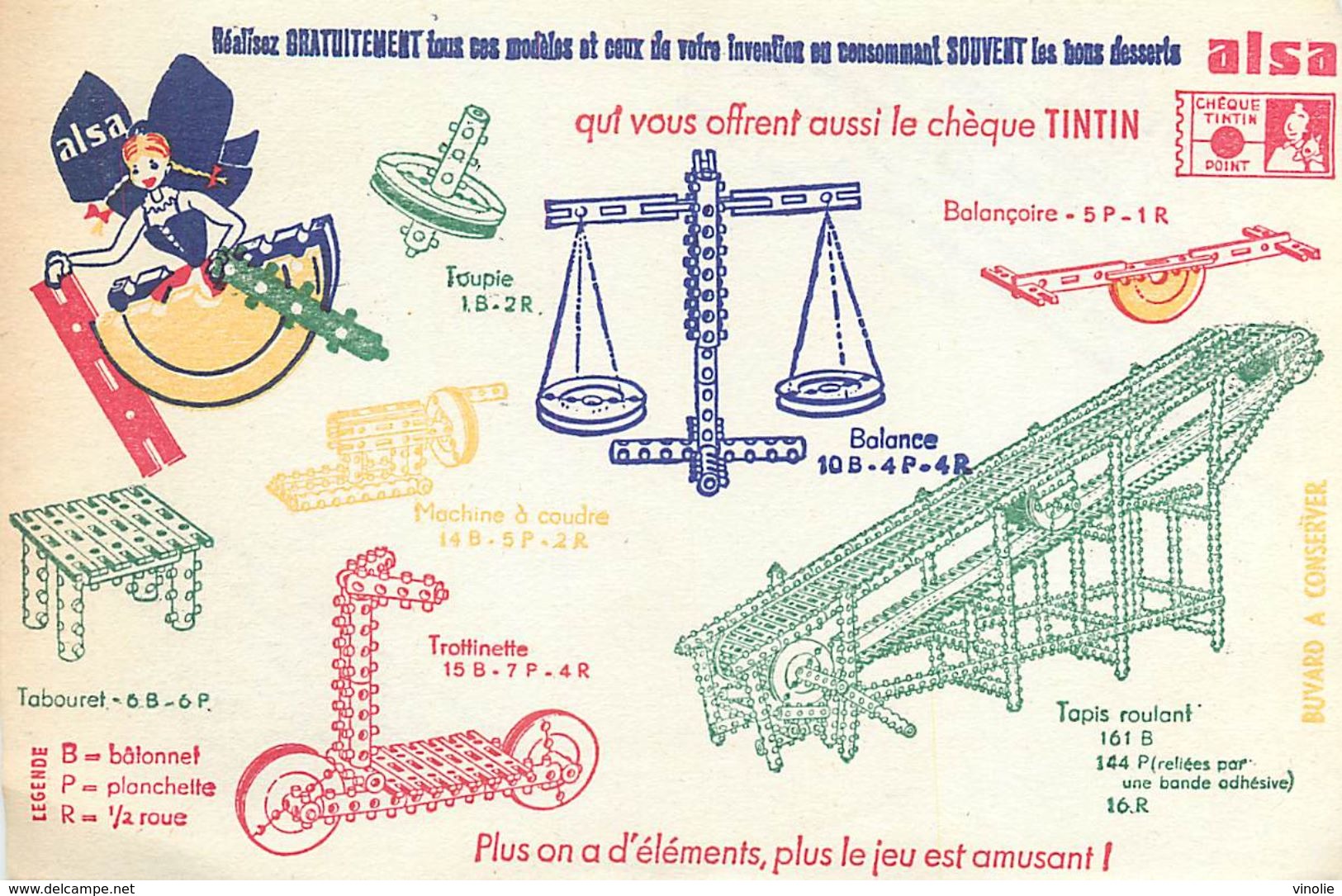 VP-GF.18-249 : BUVARD. LES BONS DESSERTS ALSA. CHEQUE TINTIN. JEU DE CONSTRUCTION. - Autres & Non Classés