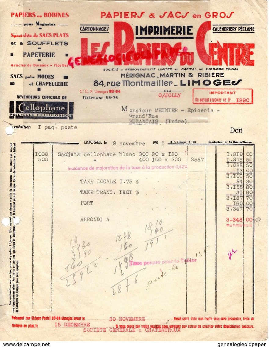 87- LIMOGES- FACTURE LES PAPIERS DU CENTRE-IMPRIMERIE PAPETERIE-PAPIERS SACS- MERIGNAC-MARTIN RIBIERE-84 RUE MONTMAILLER - Druck & Papierwaren