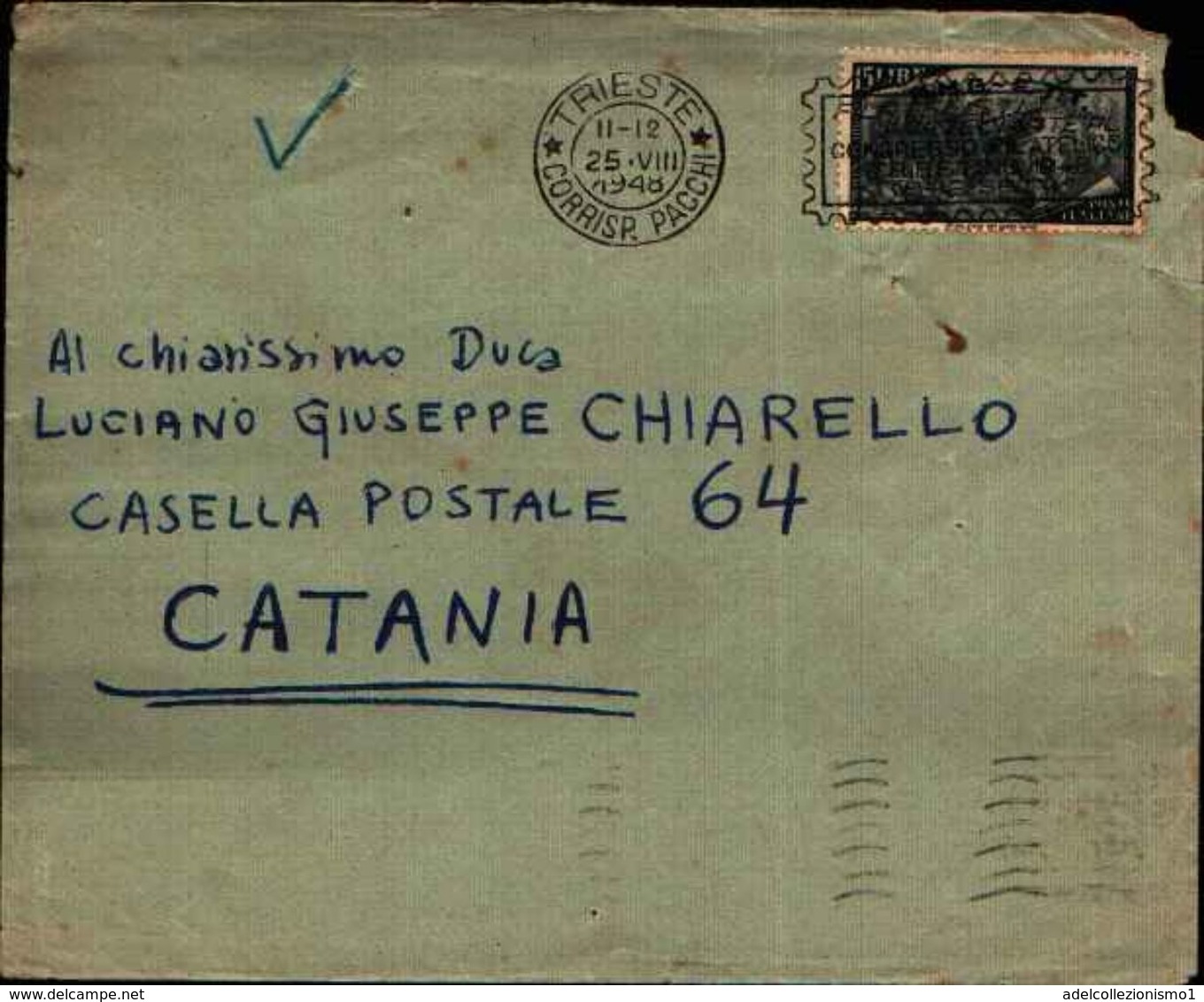 87106) A.m.g-f.t.t.-lettera Con 15l.-9º Centenario Del Risorgimento Soprastampato Da Trieste A Catania Il  25/8/1948 - Storia Postale