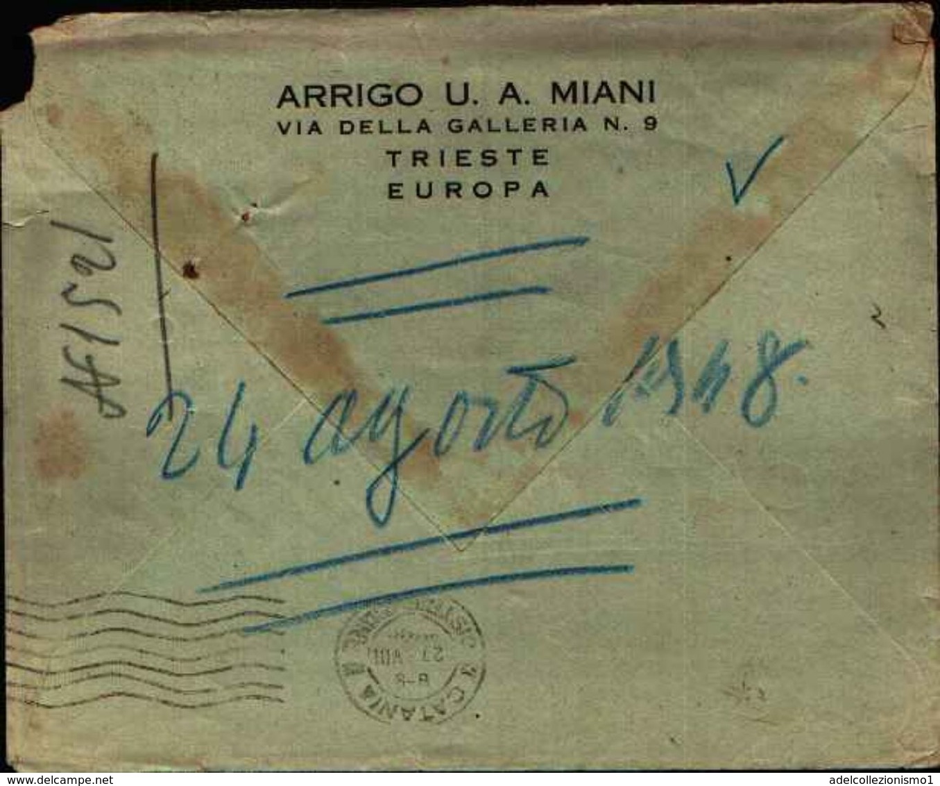 87106) A.m.g-f.t.t.-lettera Con 15l.-9º Centenario Del Risorgimento Soprastampato Da Trieste A Catania Il  25/8/1948 - Marcofilie