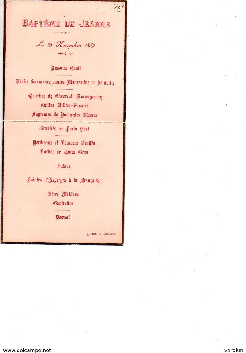 MENU BAPTEME DE JEANNE - 20 NOVEMBRE 1889 - Menus