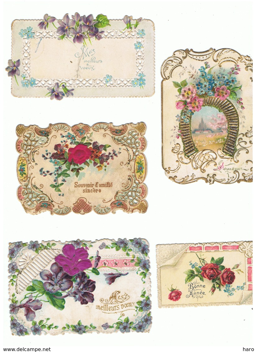 Lot De 5 Petites Cartes Découpées, Dentelle, Voeux, Souvenir, Amitié, Fleur Tissu, Découpis,  Paillettes,... (hon) - Nieuwjaar