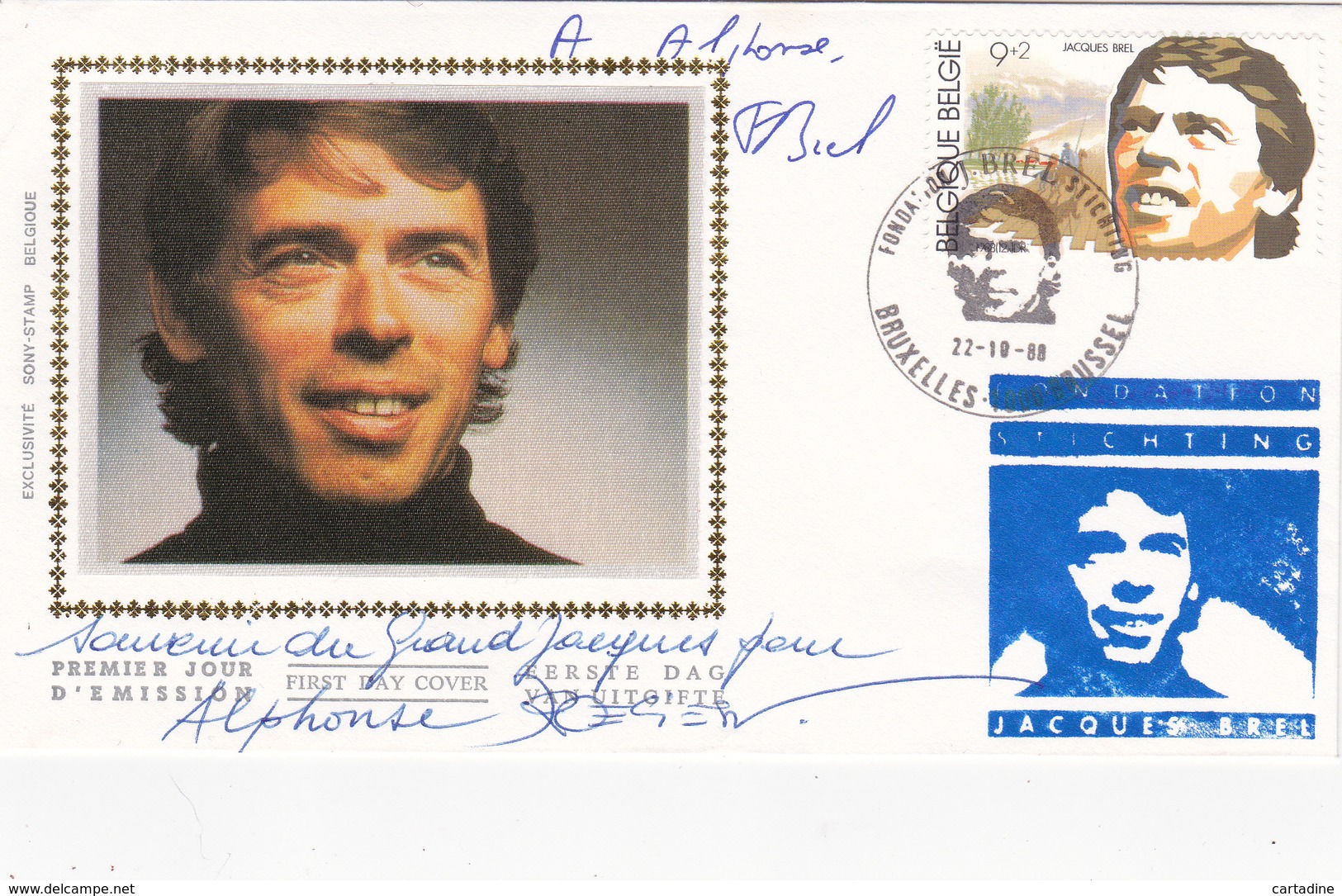 FDC Sur Soie / Op Zijde - Env. 1er Jour - Jacques Brel - Signé Par La Fille De J. Brel (France Brel) - Timbre N° 2303 - 1981-1990