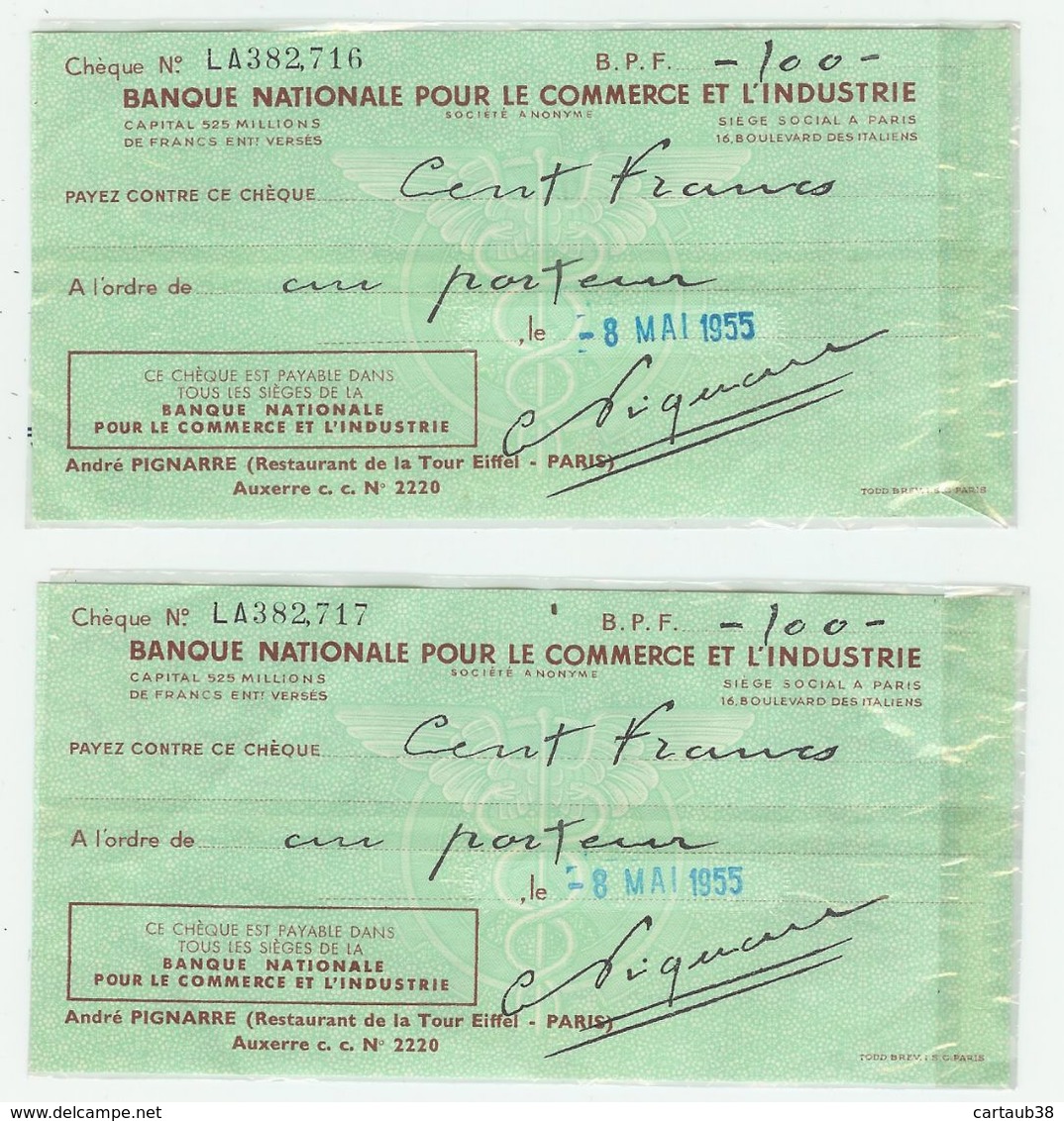 PARIS Tour Eiffel Lot De 2 Cheques De Voyage B N C I 1955 (voir Scans Recto Verso Et Description) - Chèques & Chèques De Voyage