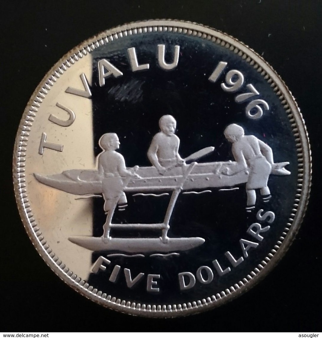 TUVALU 5 DOLLARS 1976 SILVER PROOF "Young Bust Right" Free Shipping Via Registered Air Mail - Tuvalu