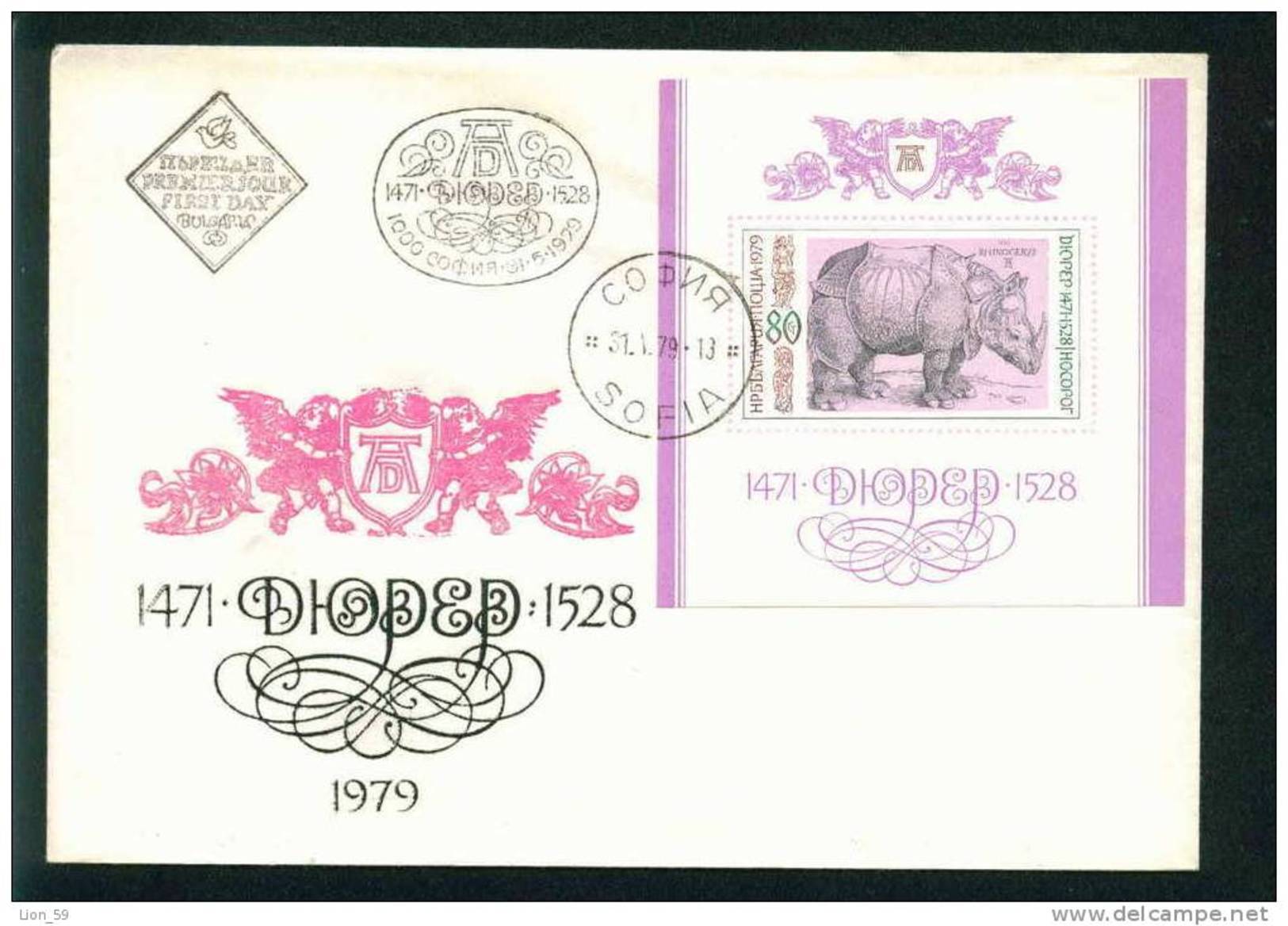 FDC 2858 Bulgaria 1979 /19 Mammals > Rhinoceros  Durer Engravings BLOCK  Grafiken Von Albrecht Durer German Painter - Rhinozerosse