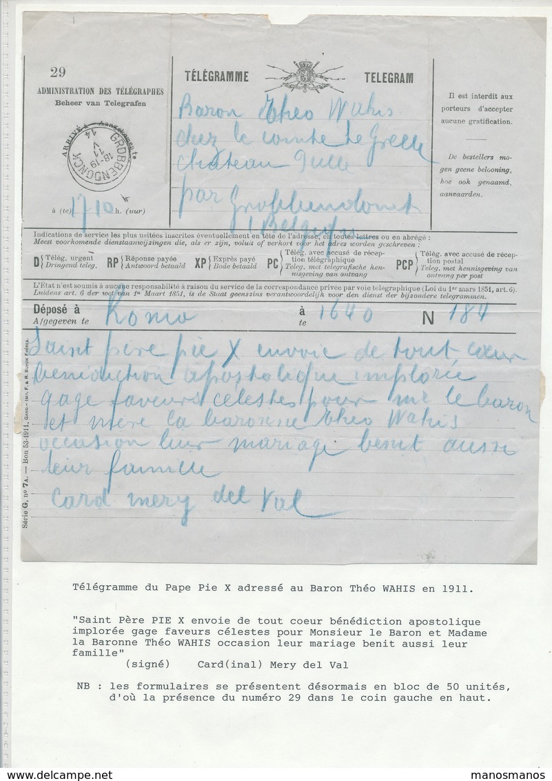 156/26 - Formule De Télégramme Du Pape PIie X à ROME Vers Le Baron Wahis Chez Comte Le Grelle à GROBBENDONCK 1914 - Timbres Télégraphes [TG]