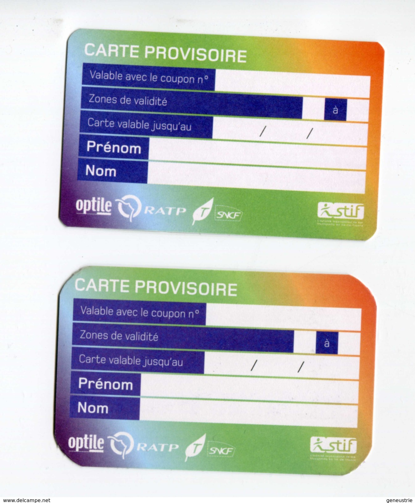 Série De 2 Cartes Provisoires SNCF / RATP Délivrées En Cas De Déterioration Du Titre Principal - Ticket RER Métro Paris - Europe