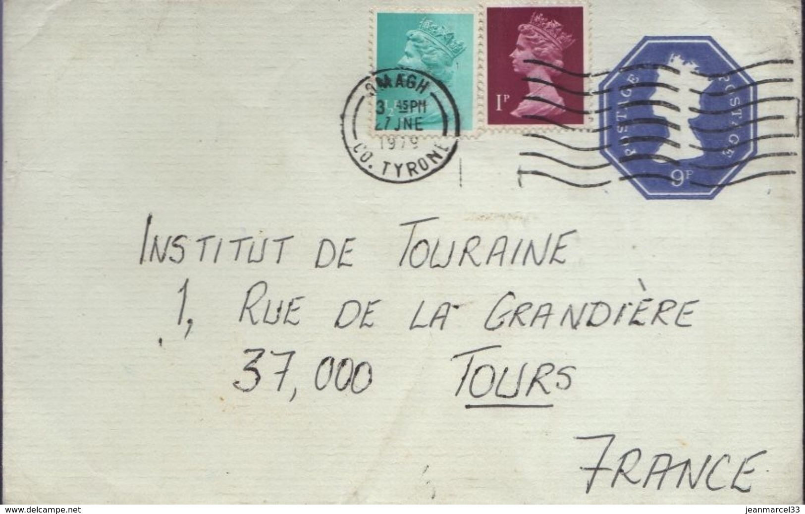 Entier Enveloppe  Postage 9P Bleu Oblitération Mécanique Omagh Irlande Du Nord 27 Jne 1979 - Interi Postali