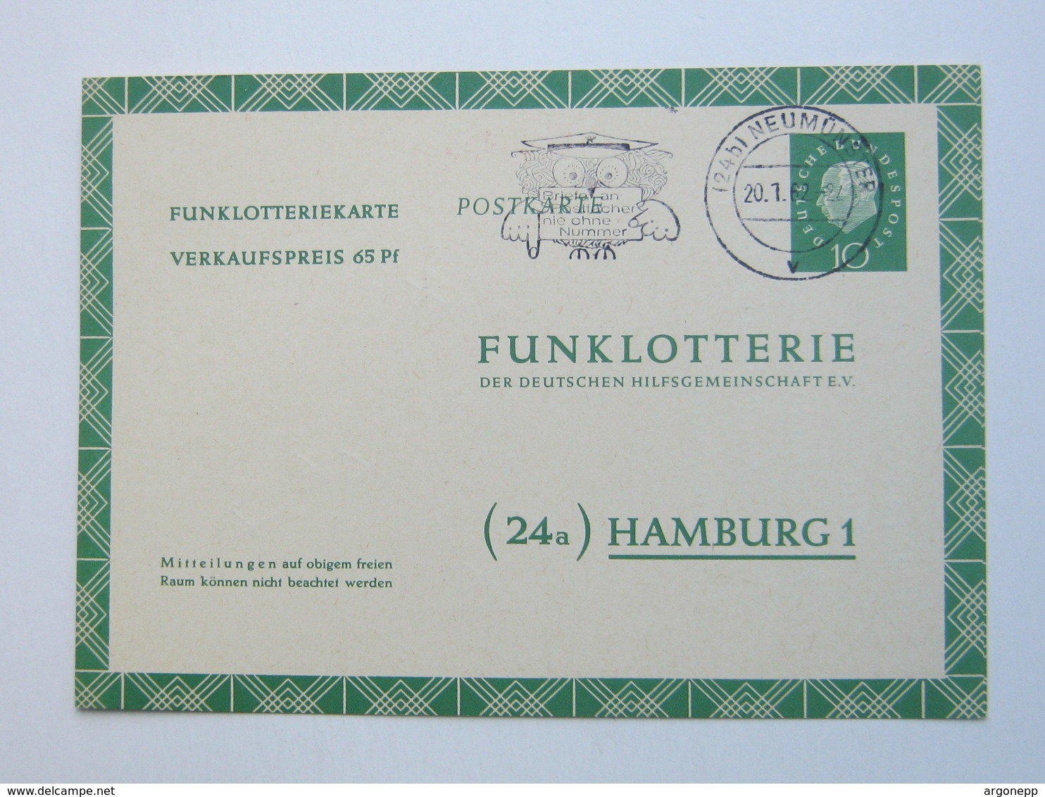 Neumünster , Klarer  Stempel Auf  Funklotteriekarte 1962 - Postkarten - Gebraucht