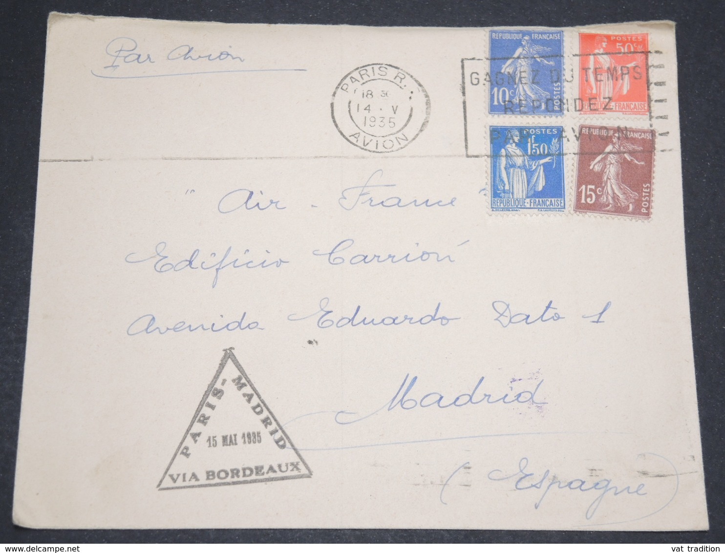 FRANCE - Enveloppe Par Ligne Paris / Madrid Via Bordeaux En 1935 - L 13839 - 1960-.... Lettres & Documents