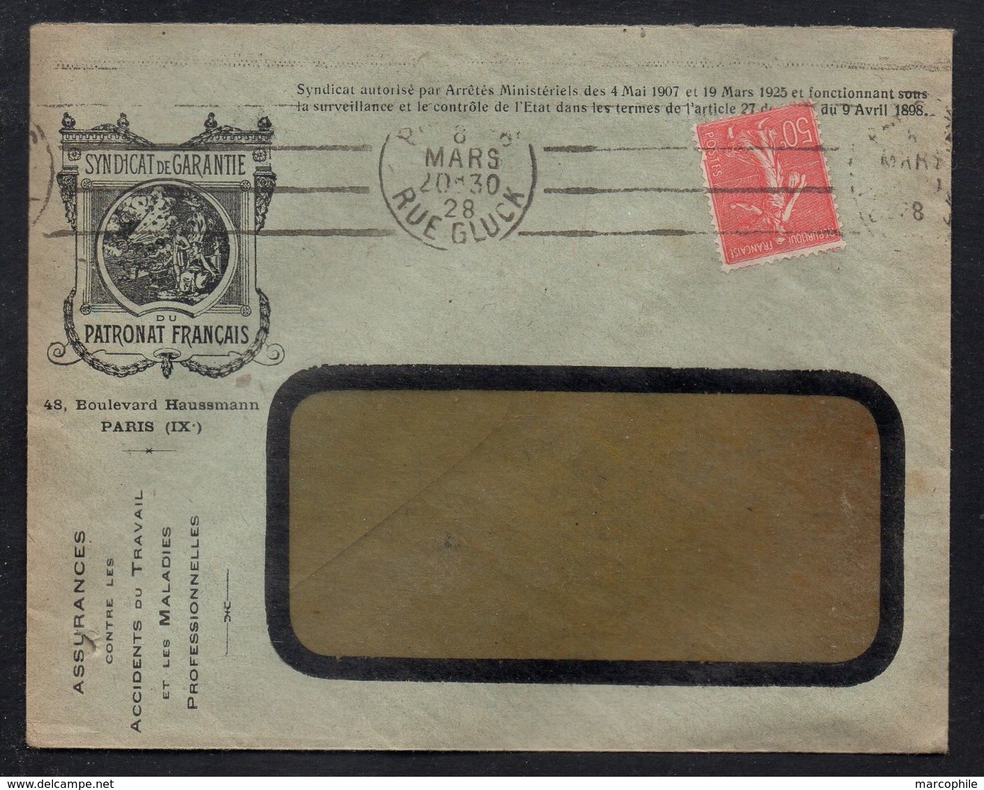 SYNDICAT DU PATRONAT FRANCAIS - PARIS / 1928 OB. KRAG SUR LETTRE POUR PARIS (ref LE2093) - Covers & Documents