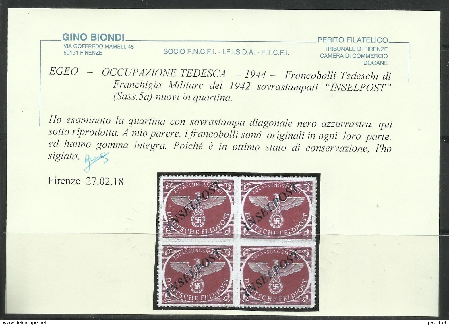 EGEO 1944 OCCUPAZIONE TEDESCA SOPRASTAMPA NERO AZZURRASTRA INSELPOST DI AGRAM DENT PERF. ZIG-ZAG MNH - Ägäis