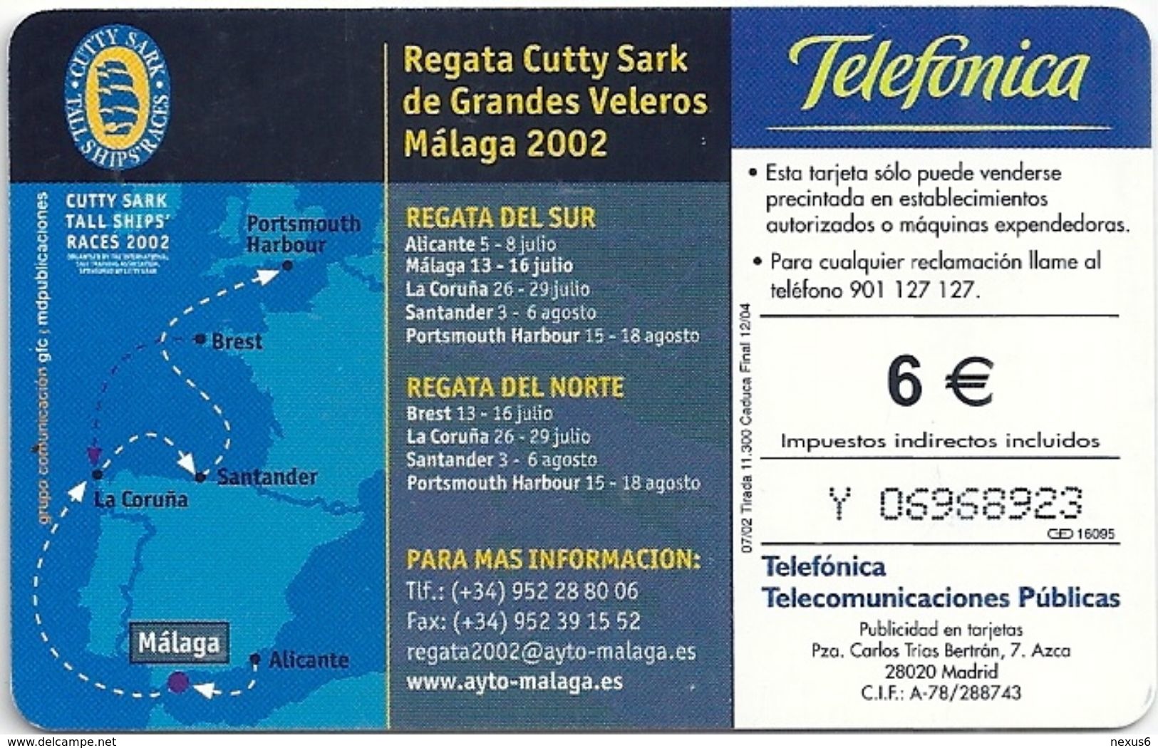 Spain - Telefónica - Regata Cutty Sark, CP-259, 07.2002, 11.300ex, Used - Conmemorativas Y Publicitarias