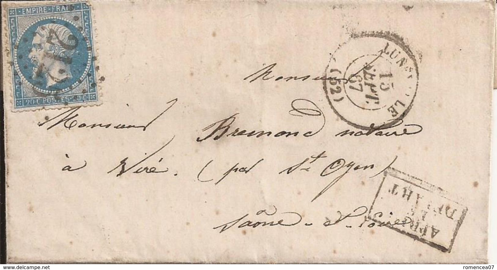 Marque Postale - VIRE (Saône-et-Loire) - Adressée De STRASBOURG (Bas-Rhin) - Le 17 Septembre 1867 - 1849-1876: Classic Period