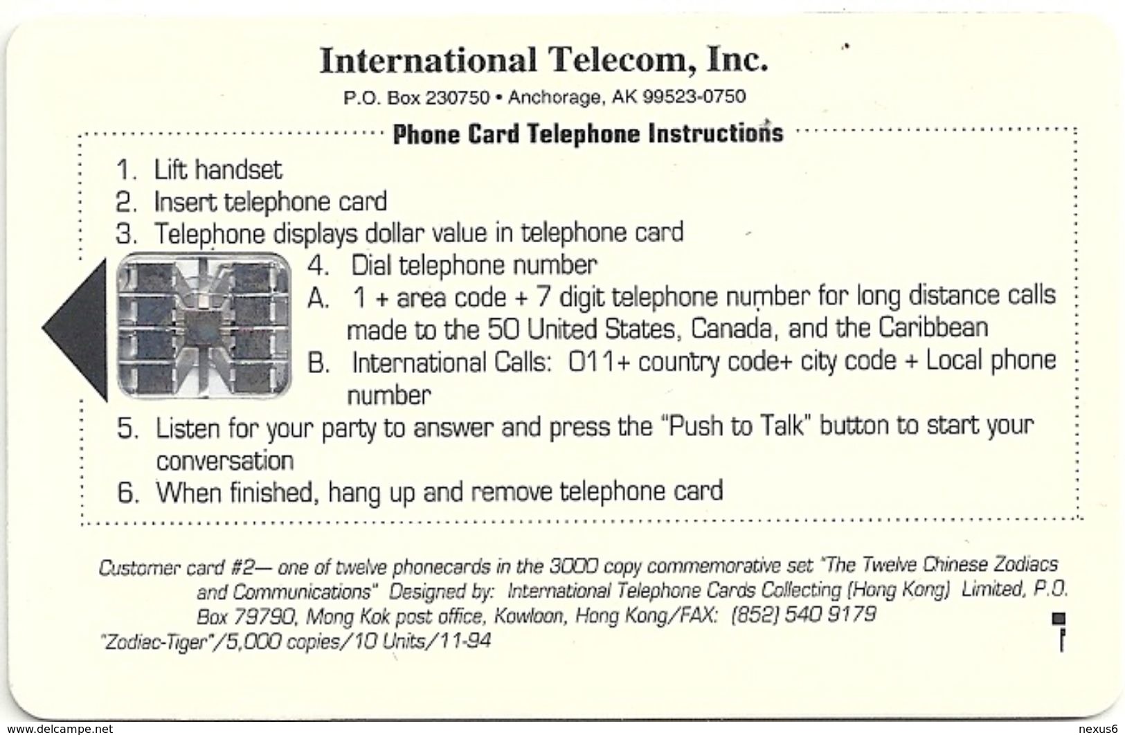 Alaska - Intl. Telecom INC - Phonecard Expo 94 Tiger, SC7, 11.1994, 3.50$, 5.000ex, Used - Autres - Amérique