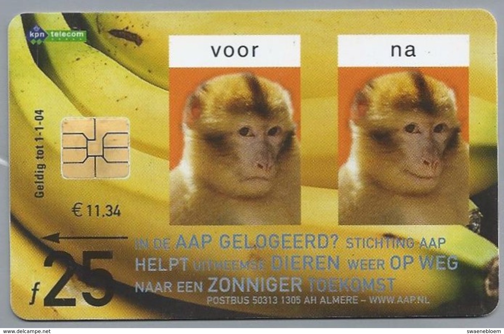 NL.- Telefoonkaart. PTT TELECOM. 25 Gulden. Stichting AAP Opvangcentrum Voor Uitheemse Dieren. A404 - Andere & Zonder Classificatie