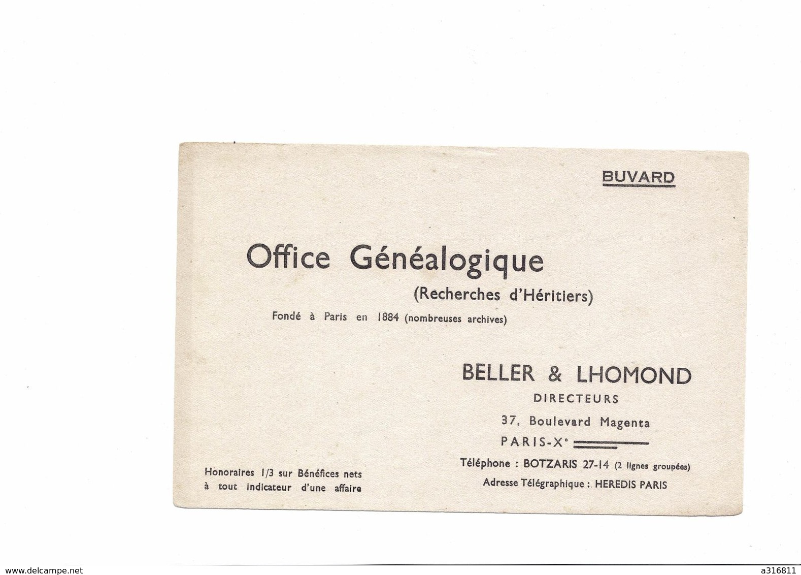 BUVARD   OFFICE GENEALOGIQUE    RECHERCHES D HERITIERS  BELLER& Lhomond - O