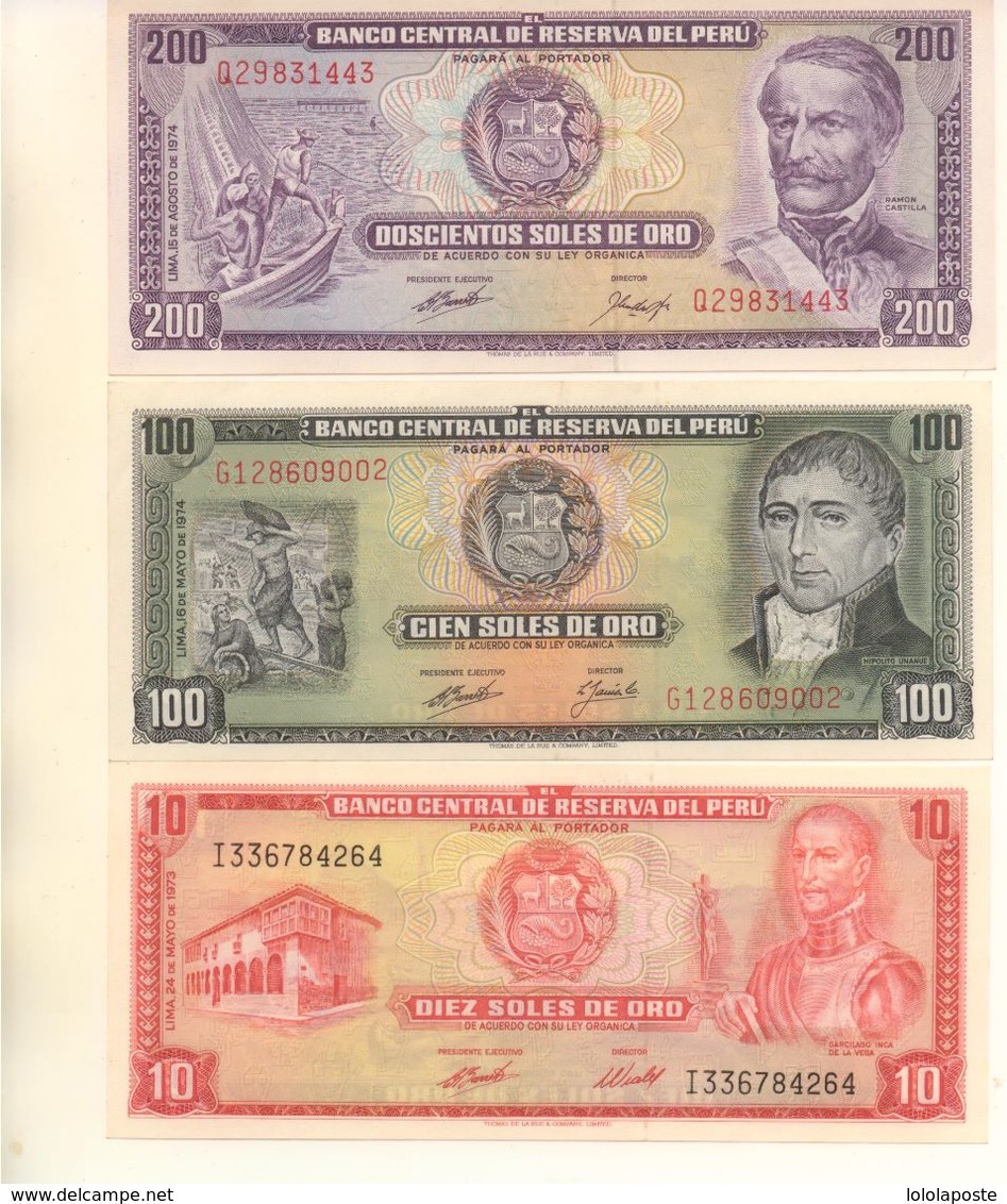 PEROU - 3 Billets Différents De 10 (1973) 100 Et 200 (1974) Soles De Oro - NEUFS - UNC - Le 200 Peu Commun - Peru