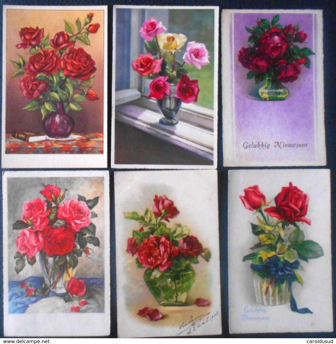 CPA Lot 8x Litho Illustrateur Divers 5x KLEIN BOUQUET ART Rose Roses Dans Vase En Verre Transparent - Sammlungen & Sammellose