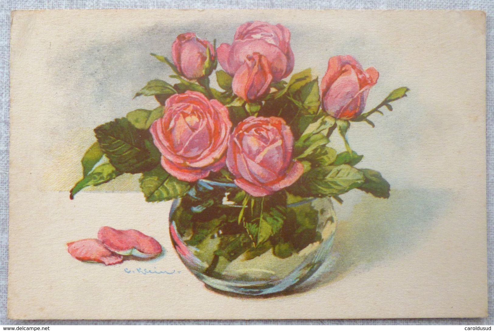 CPA lot 8x litho illustrateur divers 5x KLEIN BOUQUET ART rose roses dans vase en verre transparent