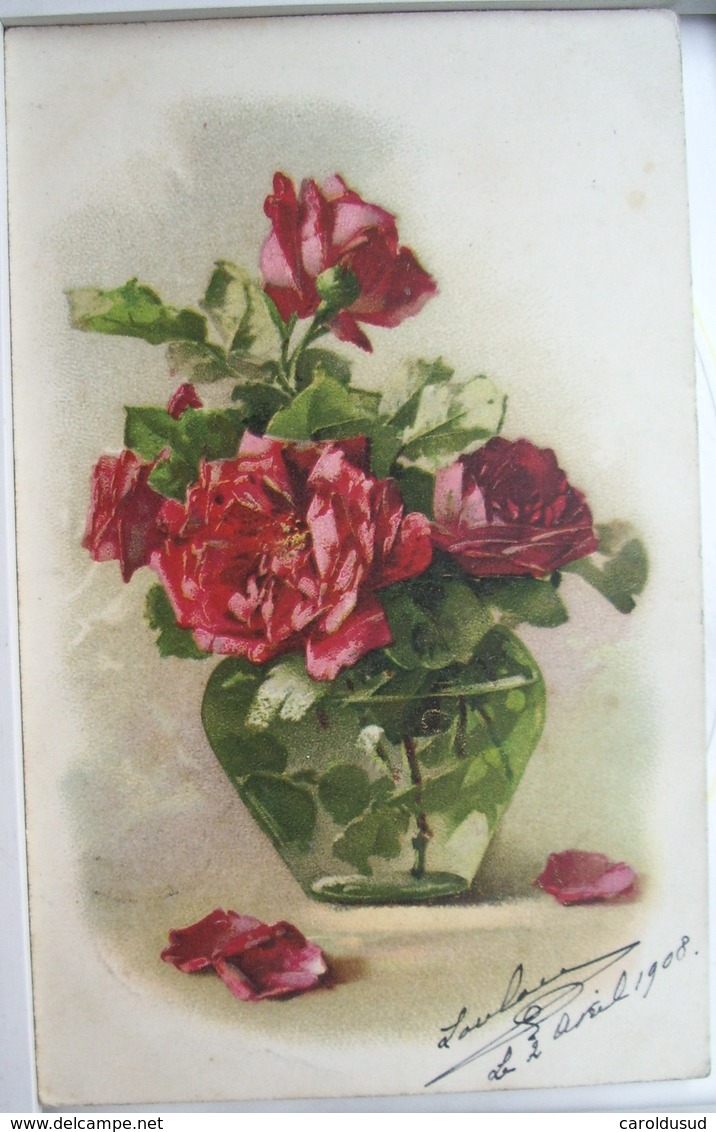 CPA lot 8x litho illustrateur divers 5x KLEIN BOUQUET ART rose roses dans vase en verre transparent