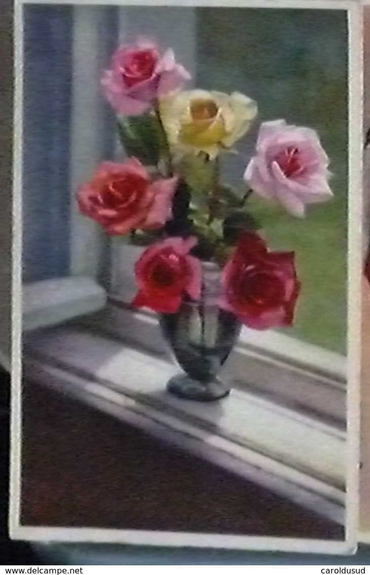 CPA lot 8x litho illustrateur divers 5x KLEIN BOUQUET ART rose roses dans vase en verre transparent