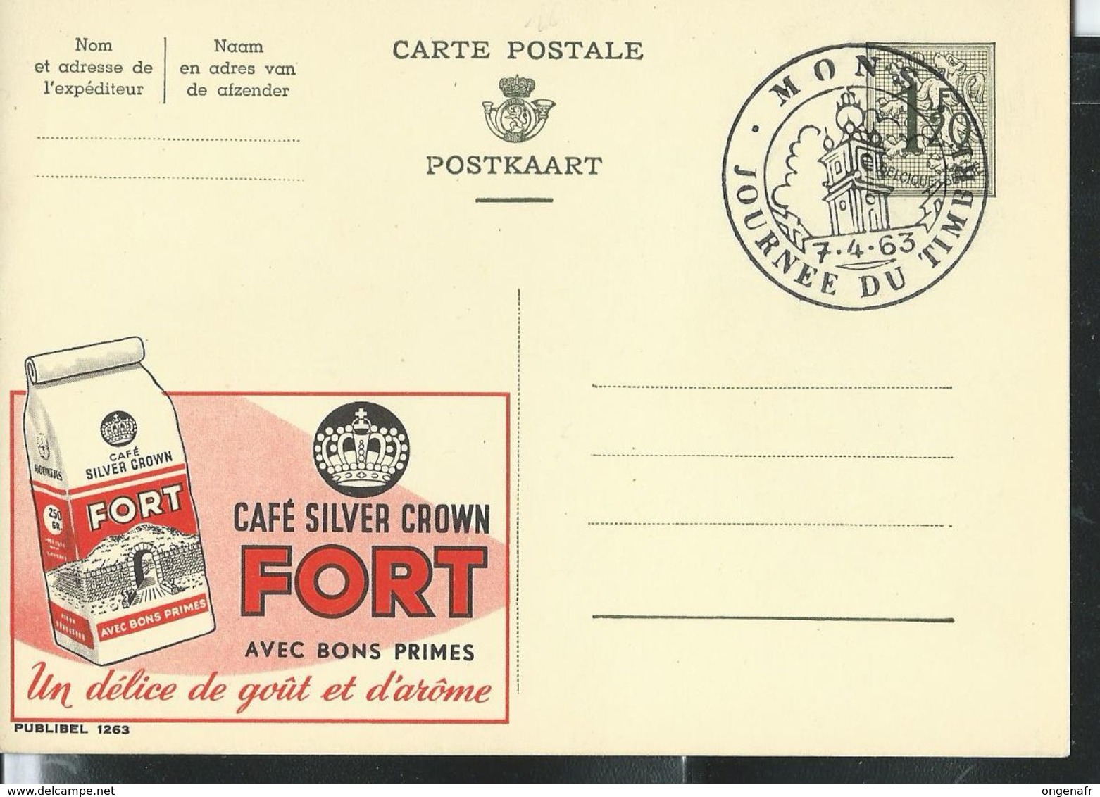 Publibel Obl. N° 1263  ( Café Silver Crown: FORT)  Obl. Journée Du Timbre  07/04/63  MONS - Publibels