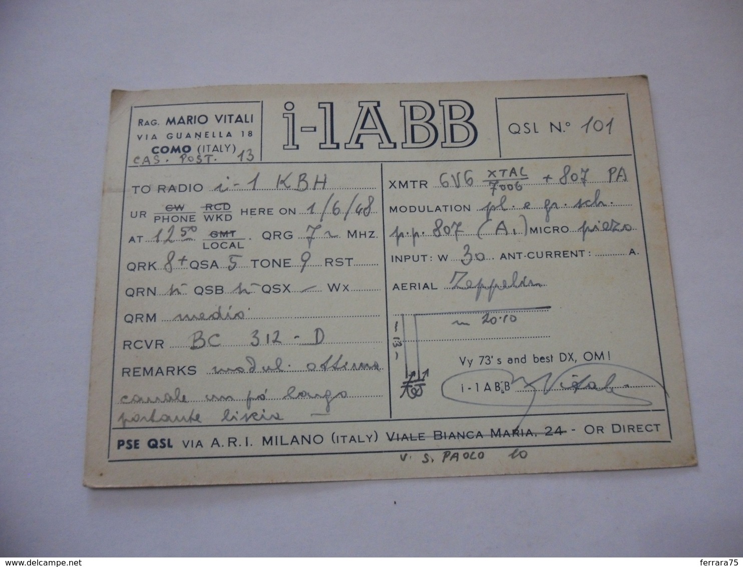 CARTOLINA RADIOAMATORI  COMO  EXPERIMENTAL S.W. TRANSMITTING STATION. - Radio Amatoriale