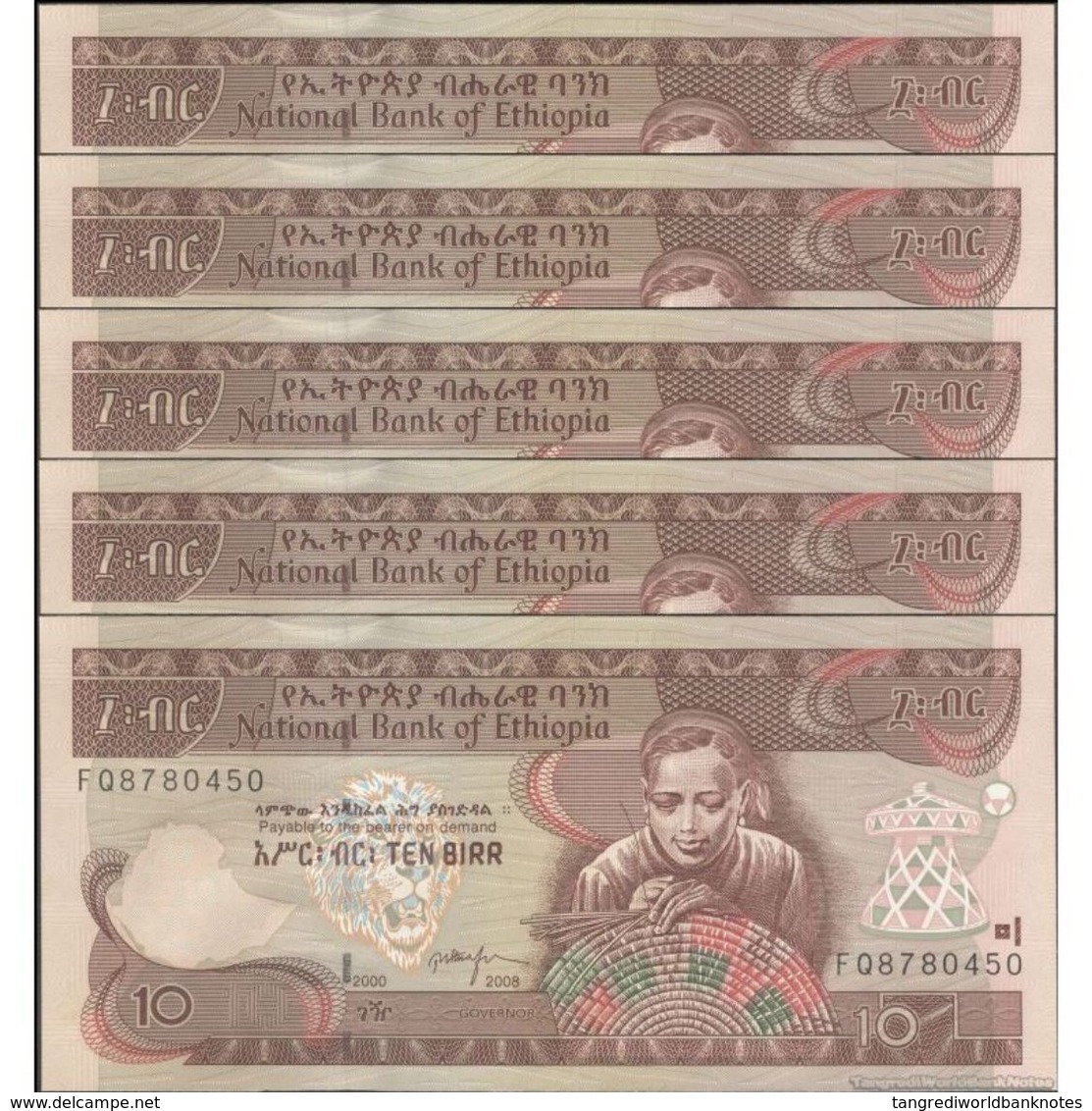 TWN - ETHIOPIA 48e - 10 Birr 2008 DEALERS LOT X 5 - Prefix FQ UNC - Etiopia