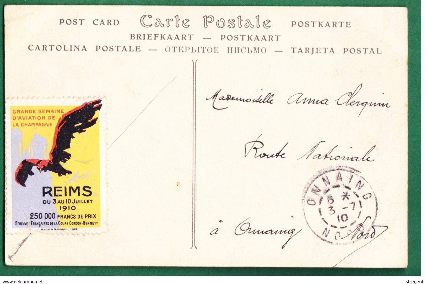 REIMS - Timbre Epreuve Française De La Coupe Cordon-Benett 1910 Au Dos D'une Carte De La Cathédrale - Autres & Non Classés