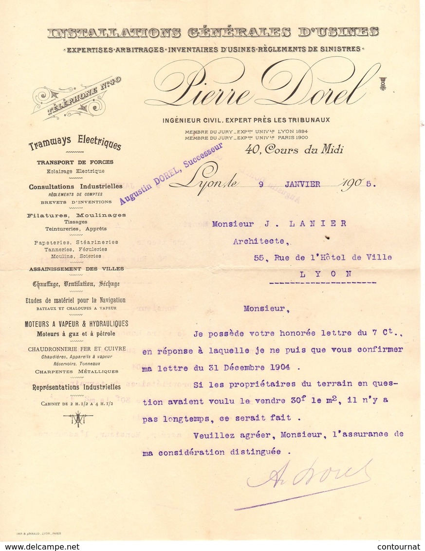 69 LYON COURRIER 1905 Installation D' Usines  Tramways électriques Pierre DOREL Ingénieur Civil * Z83 - 1900 – 1949