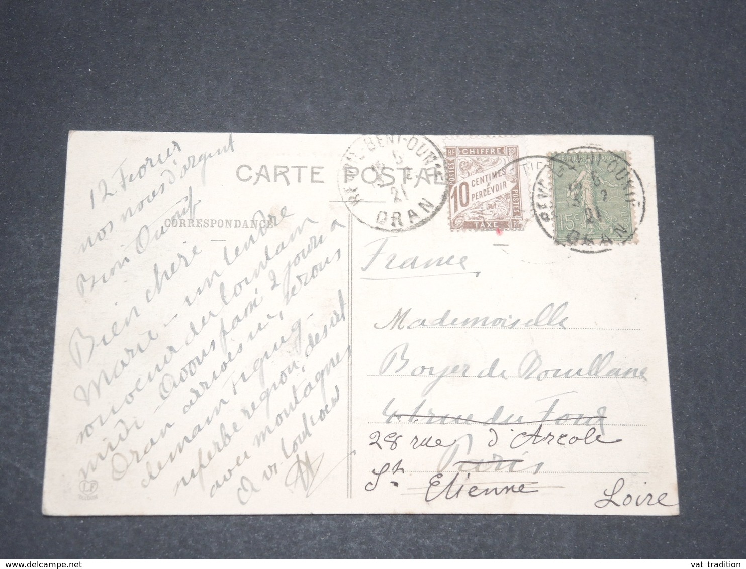 FRANCE - Taxe De Saint Etienne Sur Carte Postale De Algérie En 1921 - L 13882 - 1859-1959 Lettres & Documents