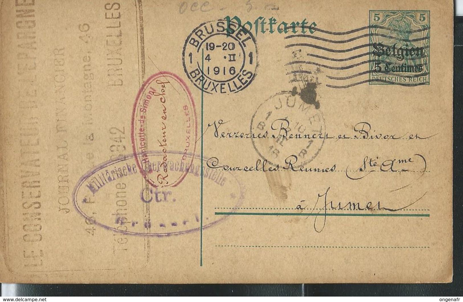 Carte N° 5  Obl. Brussel  04/02/1916  + Obl. Jumet 1B  Et Censure  Brussel - German Occupation