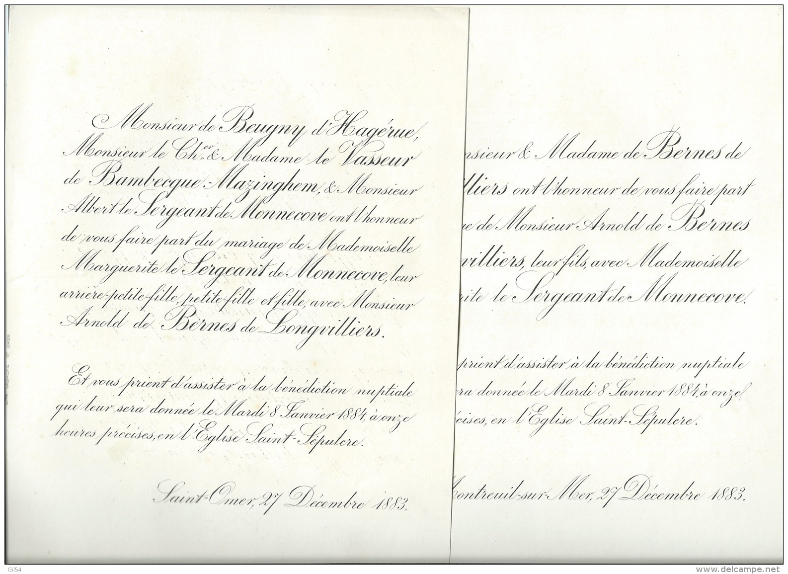 Montreuil Sur Mer  - St Omer  (mars 1893)  F.P. Mariage De  Marguerite Le Sergeant De Monnecore Et Arnold De Bernes - Mariage