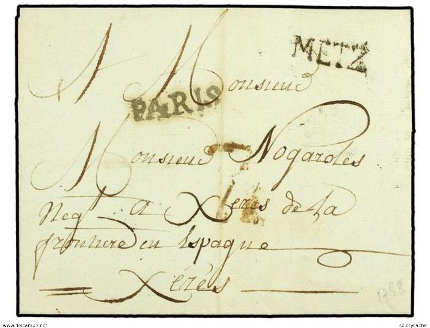 3 ESPAÑA: PREFILATELIA. 1788. METZ (Francia) A JEREZ. Marca <B>METZ </B>y Lineal <B>PARIS </B>estampado En Cádiz (nº 72) - Autres & Non Classés