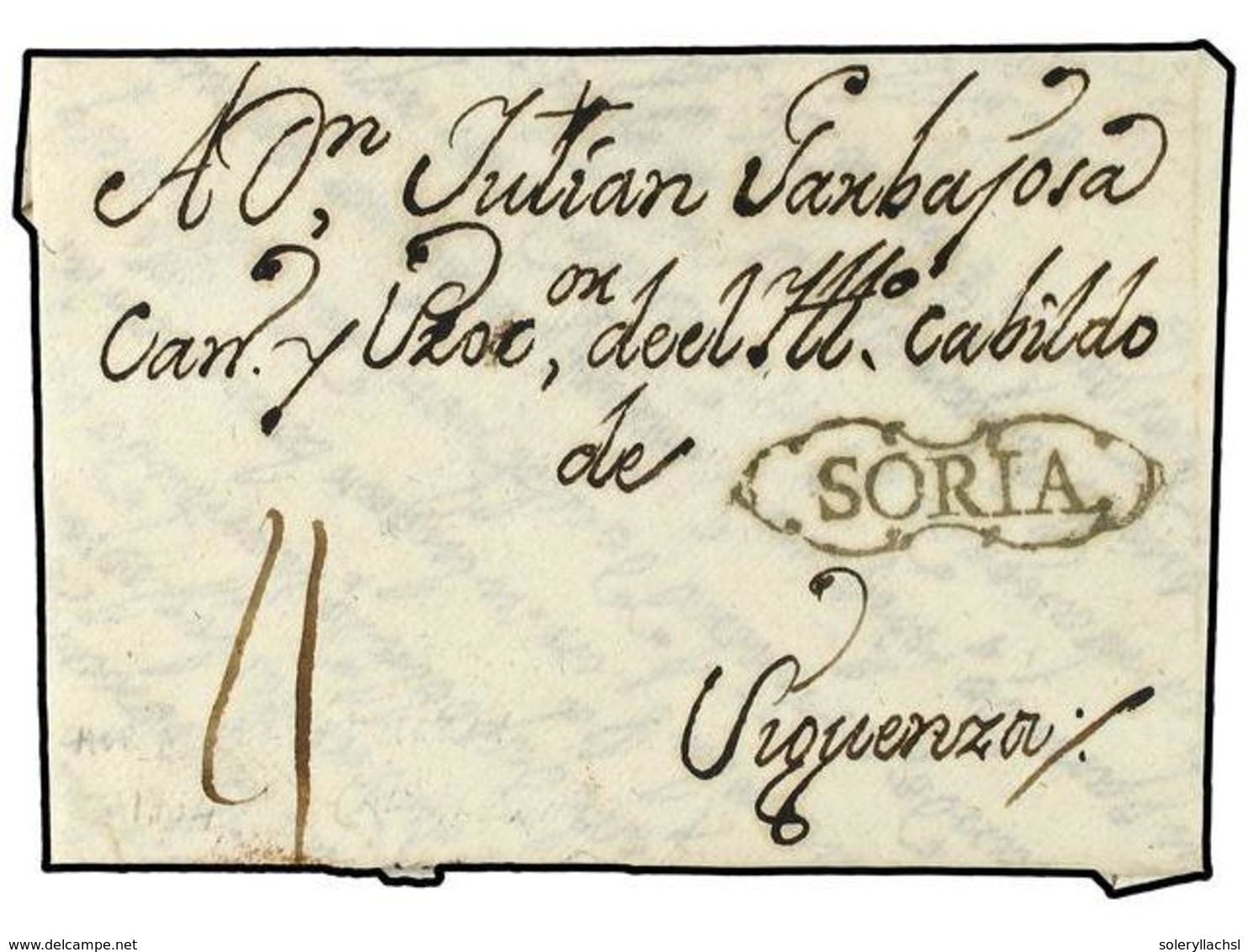 4 ESPAÑA: PREFILATELIA. 1784. ALMAZAN A SIGUENZA. Marca <B>SORIA </B>en Negro (nº 1). Excepcional Y Rarísima, No Reseñad - Autres & Non Classés