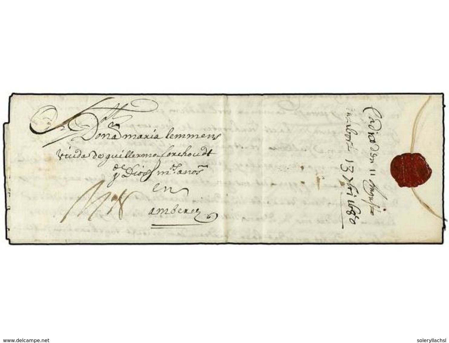 35 ESPAÑA: PREFILATELIA. 1680 (11 Julio). CADIZ A AMBERES (Bélgica). Carta Completa Con Texto Tasa '8'. Rara Circulada D - Other & Unclassified