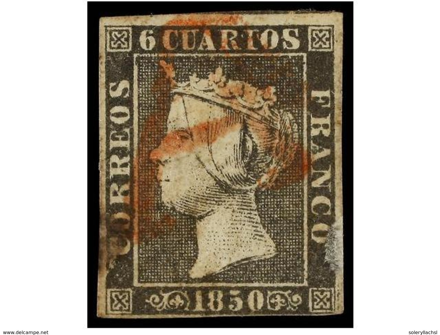 72 ° ESPAÑA. Ed.1A. <B>6 Cuartos </B>negro, Pl. II. Mat. <B>A </B>de<B> </B>SANTIAGO En Rojo Sello Con Algún Defecto, Pe - Other & Unclassified