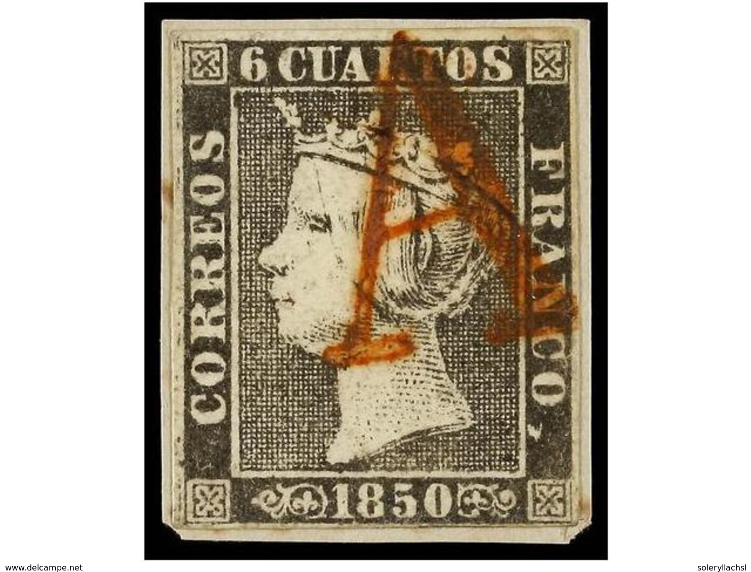 75 ESPAÑA. Ed.1. <B>6 Cuartos</B> Negro, Pl. I, Tipo 23, Mat.<B> A</B> En Rojo De Origen Desconocido. MAGNÍFICO Y MUY RA - Other & Unclassified