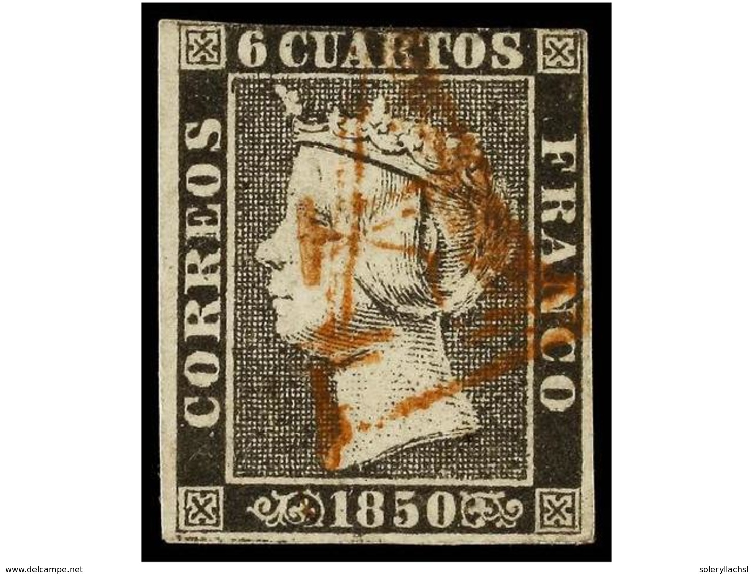 78 ° ESPAÑA. Ed.1. <B>6 Cuartos</B> Negro, Pl. I, Tipo I, Mat.<B> A </B>en Rojo De Origen Desconocido. MUY RARO. Cert. G - Autres & Non Classés