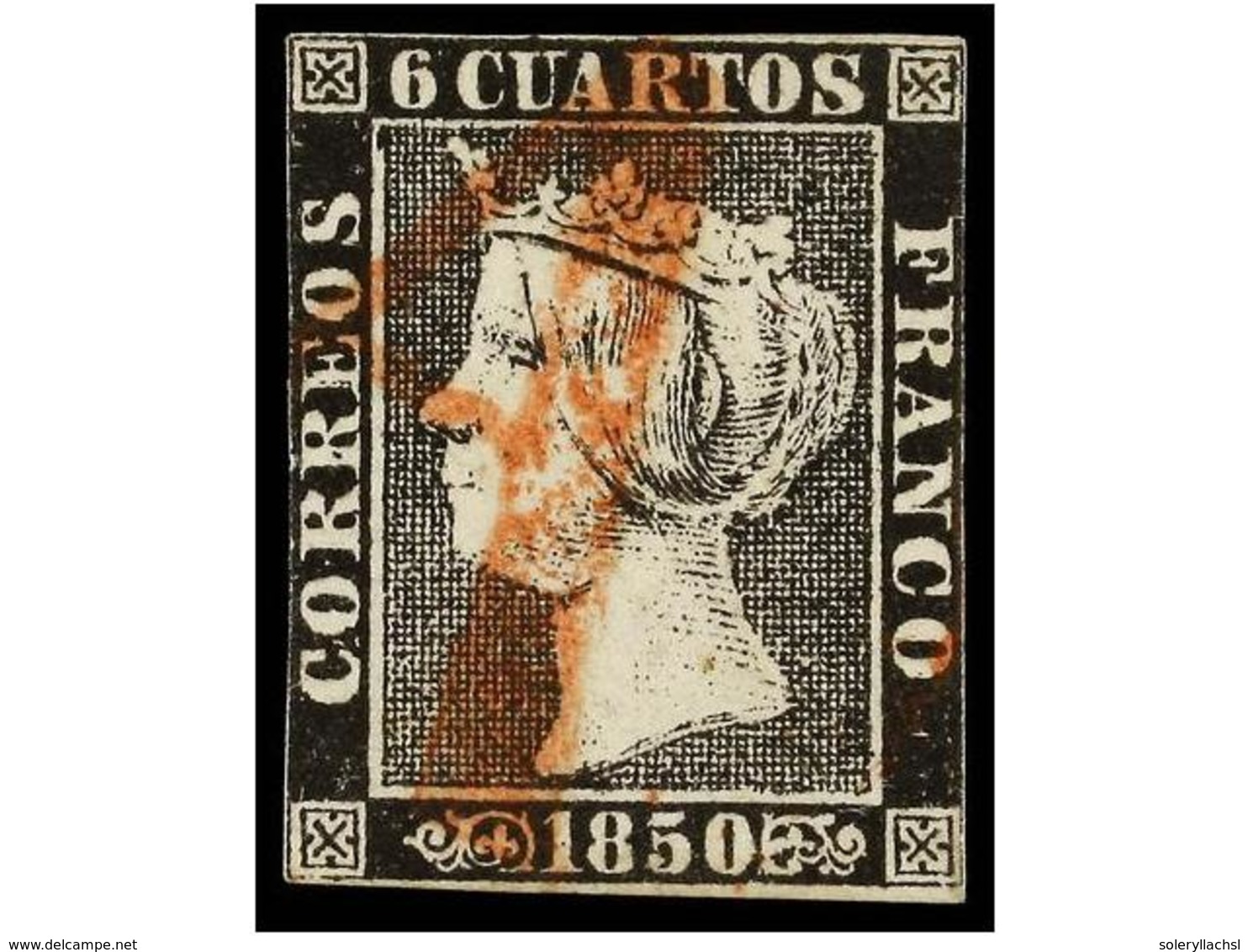 80 ° ESPAÑA. Ed.1. <B>6 Cuartos</B> Negro, Pl. I, Tipo 17, Mat. <B>A</B> En Rojo De Origen Desconocido. MUY RARO. Cert.  - Autres & Non Classés