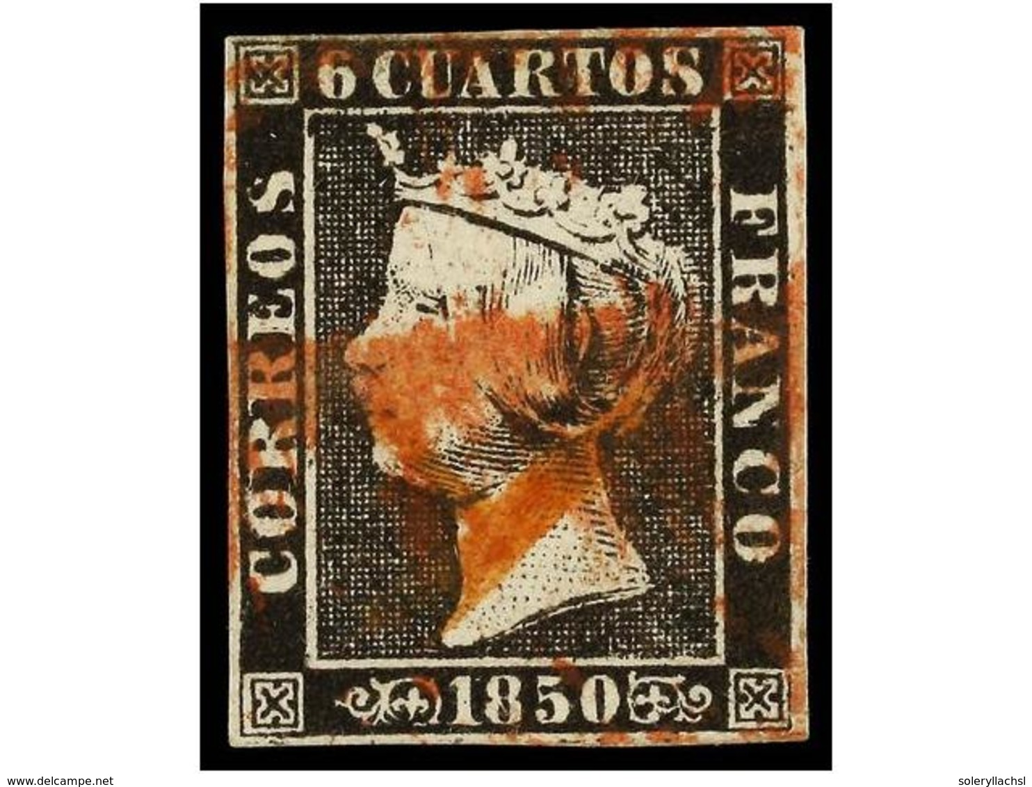 81 ° ESPAÑA. Ed.1. <B>6 Cuartos</B> Negro, Pl. I, Tipo 7, Mat.<B> A</B> En Rojo De Origen Desconocido. MUY RARO. - Autres & Non Classés