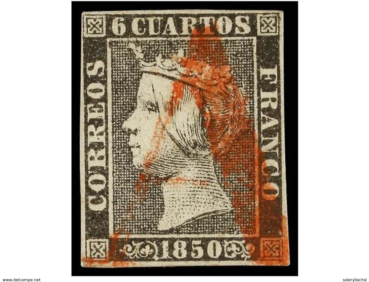 84 ° ESPAÑA. Ed.1. <B>6 Cuartos</B> Negro, Pl. I, Tipo 5, Mat.<B> A</B> En Rojo De Origen Desconocido. MAGNÍFICO Y MUY R - Autres & Non Classés