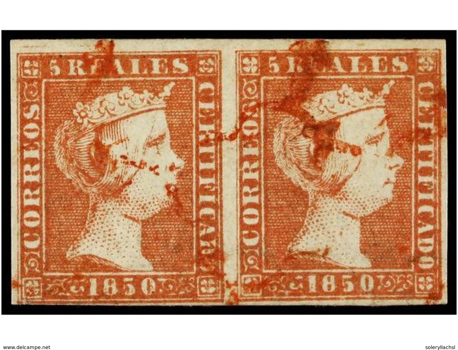 92 ° ESPAÑA. Ed.3 (2). <B>5 Reales </B>rojo. Pareja Horizontal. Mat. <B>ARAÑA ROJA. </B>MAGNÍFICA Y MUY RARA. Cert. COME - Autres & Non Classés