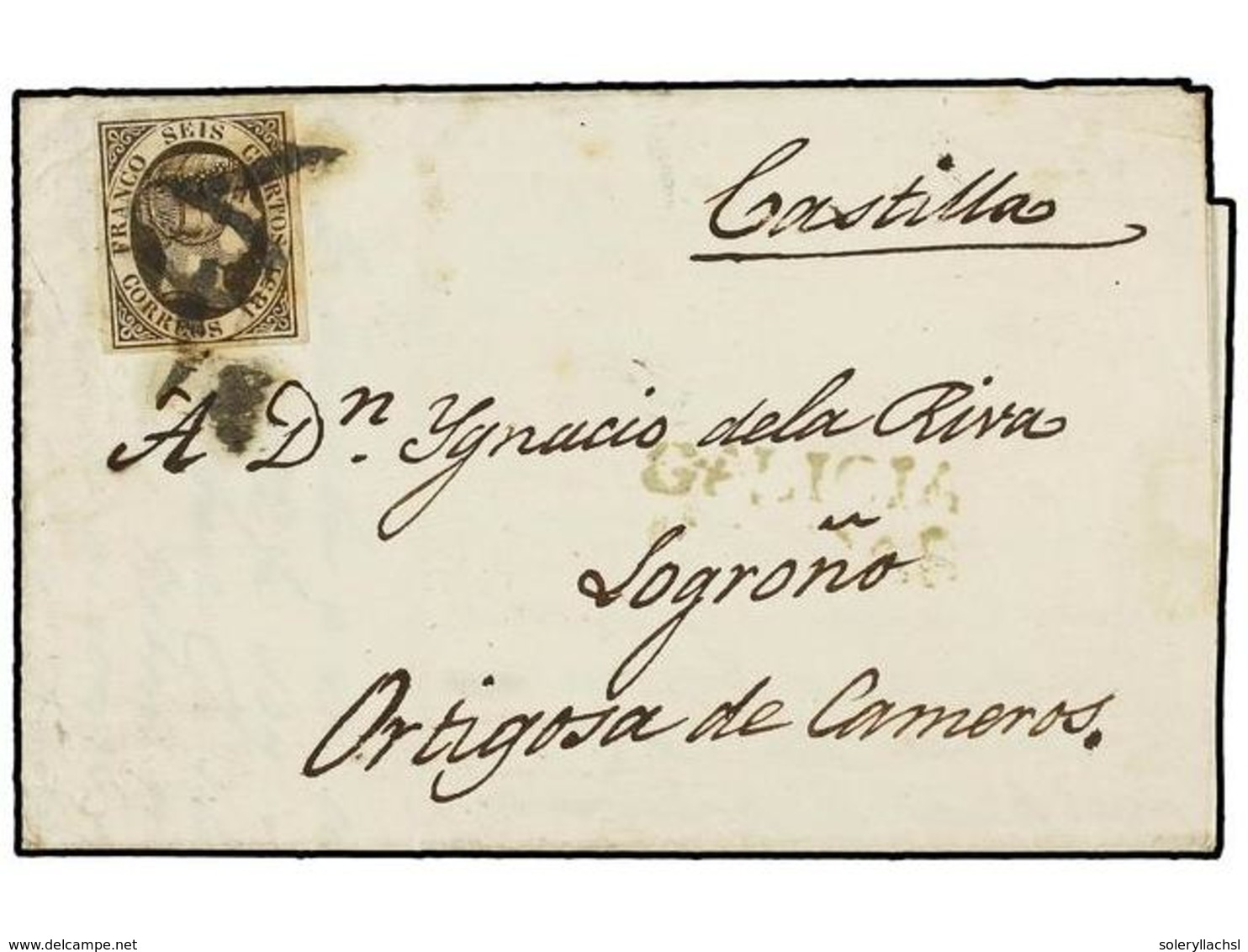 100 ESPAÑA. Ed.6. 1851. CALDAS A LOGROÑO. <B>6 Cuartos</B> Negro, Mat.<B> 'O'</B> Y<B> '1'</B> De CALDAS DE REIS Y Marca - Autres & Non Classés