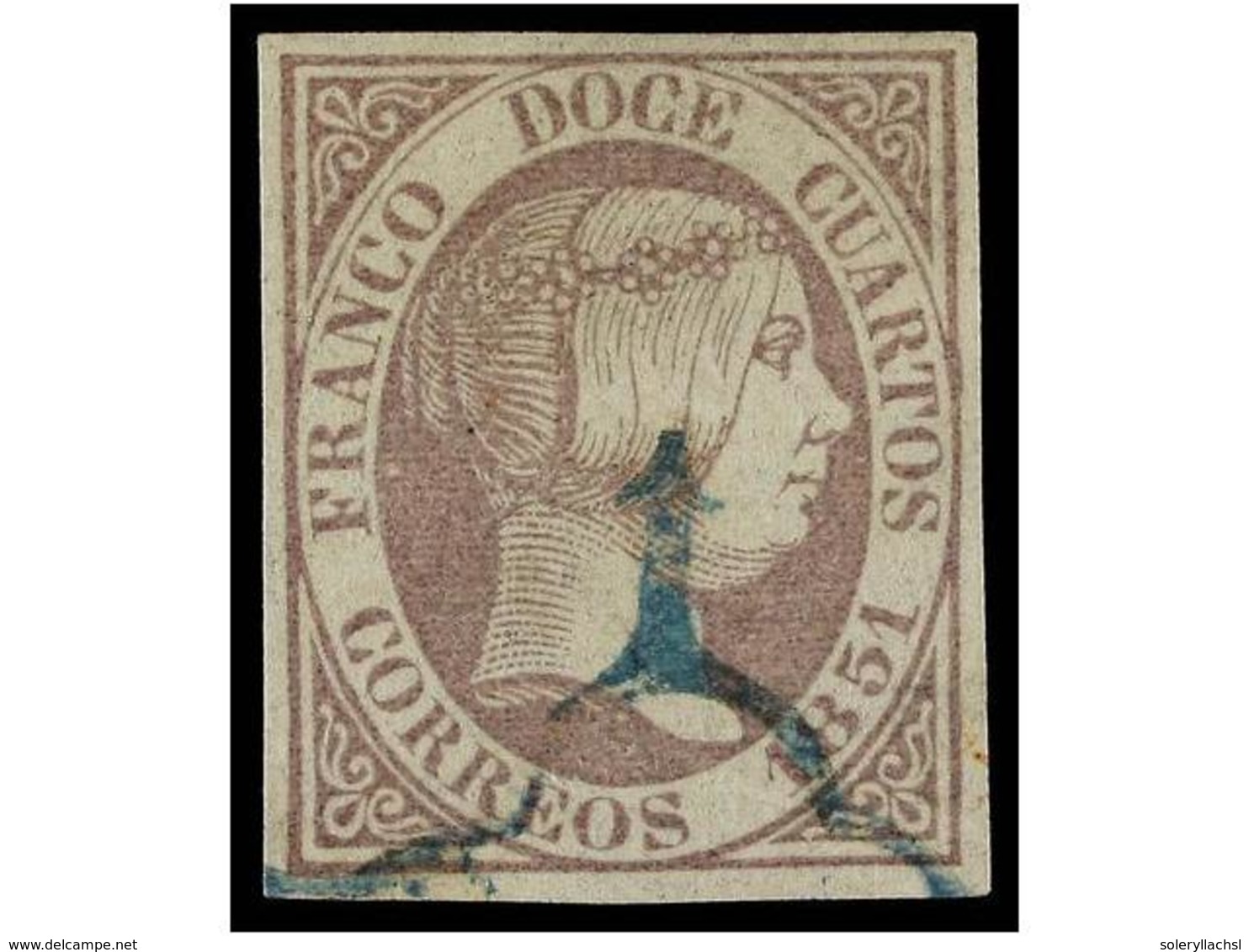 103 ° ESPAÑA. Ed.7. <B>12 Cuartos</B> Lila, Mat. <B>ARAÑA AZUL. </B>MAGNÍFICO. Cert. CEM. Cat. 570€. - Autres & Non Classés