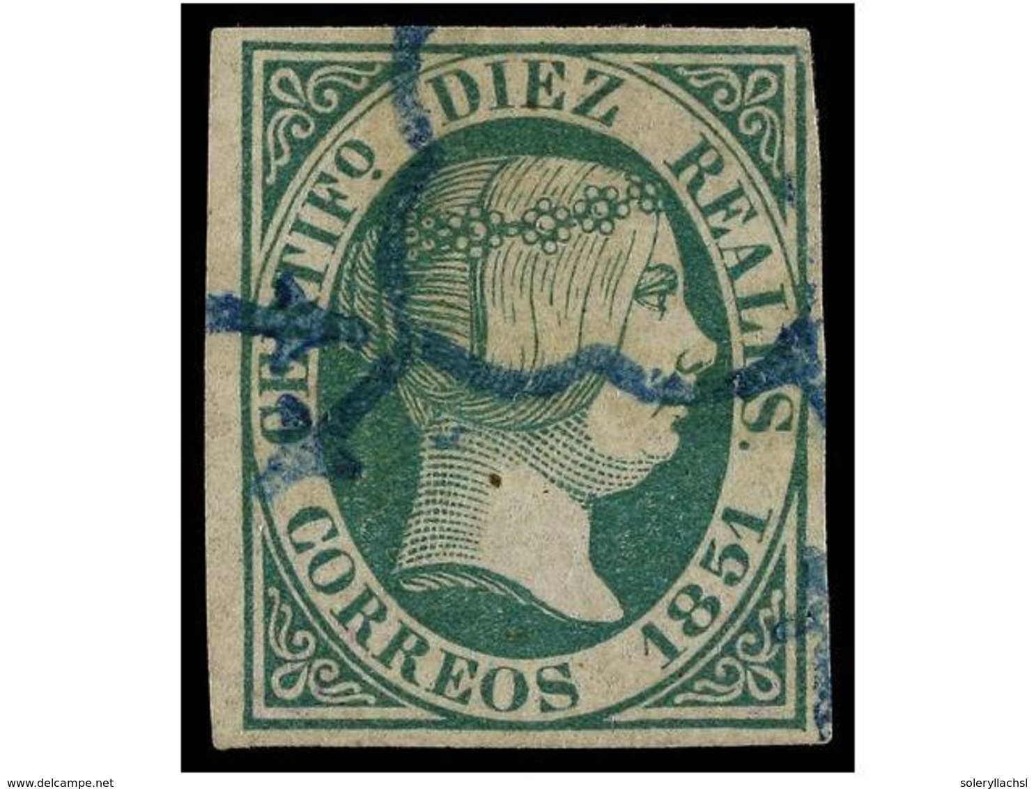 117 ° ESPAÑA. Ed.11. <B>10 Reales</B> Verde, Mat. <B>ARAÑA AZUL.</B> MAGNÍFICO EJEMPLAR. Cert. GRAUS Y CEM. Cat. 2.720€. - Autres & Non Classés