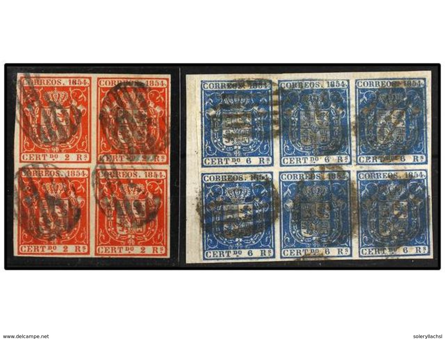 141 ° ESPAÑA. Ed.25 (4), 27 (6). <B>2 Reales</B> Rojo Bloque De Cuatro Y <B>6 Reales</B> Azul Bloque De Seis Sobre Peque - Autres & Non Classés