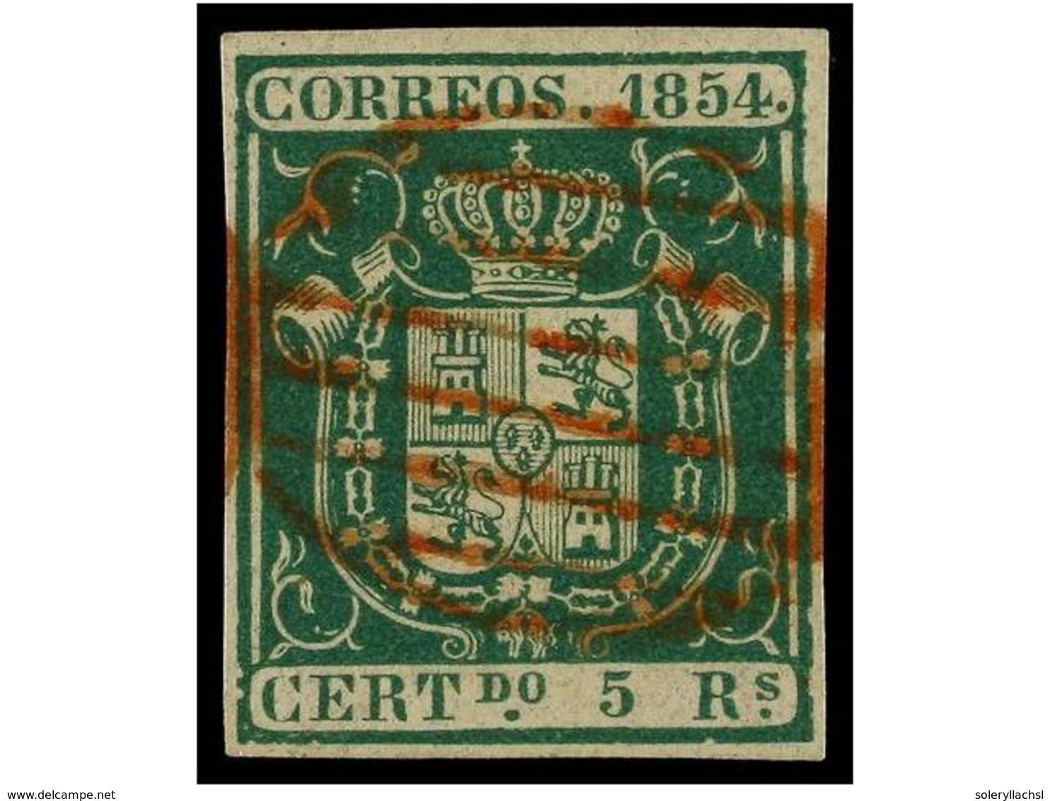 144 ° ESPAÑA. Ed.26. <B>5 Reales</B> Verde, Mat.<B>PARRILLA ROJA.</B> PIEZA DE LUJO. Cert. CEM Y COMEX. Cat. 685€. - Autres & Non Classés